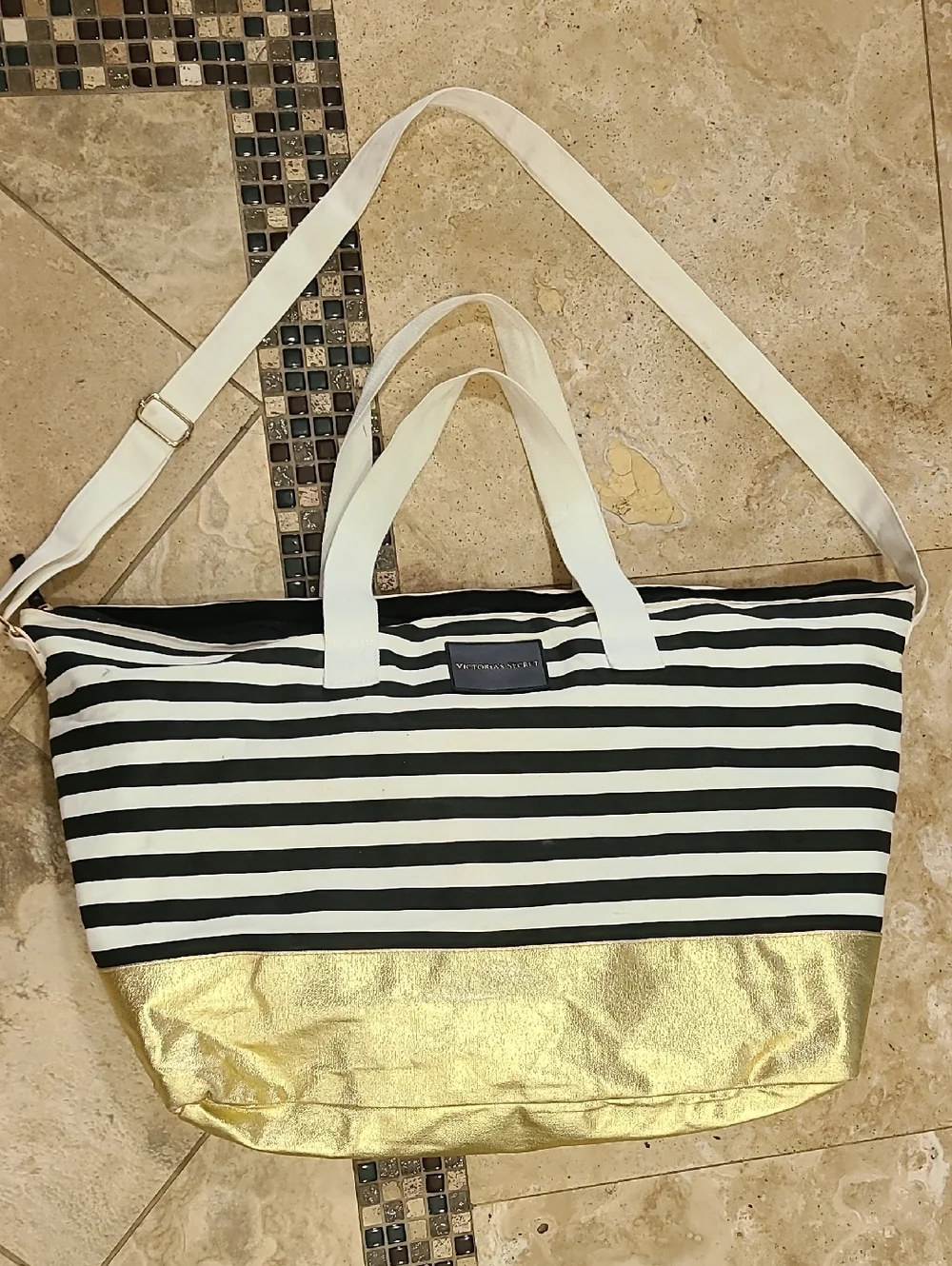 Victoria's Secret Black & White Striped Tote with Gold Bottom